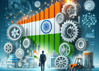 Create a realistic thumbnail for 'The Story of India's PLI' showcasing India's manufacturing landscape with factories and workers, an upward trend graph, and the Indian flag subtly incorporated in the background.
