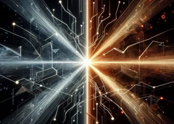 Generate a realistic image for 'Divergence is Expediting Convergence,' illustrating two diverging technological paths (such as communication or data streams) that ultimately merge into a unified system. Use abstract elements like split beams or lines converging, symbolizing how separation leads to integration.