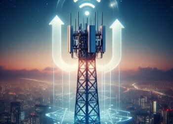 A realistic cell tower emitting signals with two arrows (uplink and downlink