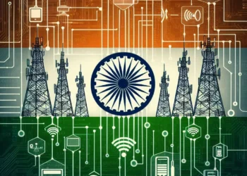 An illustration of telecom towers connected through a network grid, symbolizing OpenRAN architecture. The background could feature the Indian flag subtly integrated with modern technology visuals, such as circuit board patterns or network nodes. Include icons representing wireless signals and 5G connectivity, with a focus on innovation and India's potential in telecom evolution.