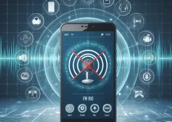An image of a smartphone with an FM radio symbol crossed out, placed against a backdrop of wireless signals and modern app icons. The design can also feature a comparison between traditional FM radio waves and mobile network signals, emphasizing the contrast between outdated and current technologies.