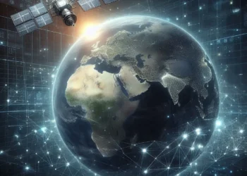 A futuristic satellite orbiting Earth, with digital data streams or glowing lines connecting various locations across the globe. The Earth can have a transparent, tech-style grid overlay, symbolizing global connectivity. The background can feature stars and constellations to evoke the 'celestial' aspect.