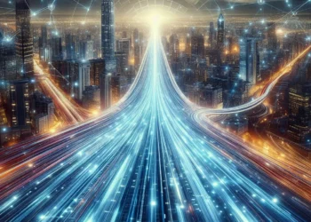 A visual of a high-speed data highway made up of glowing, wide data streams flowing through fiber-optic cables or wireless signals. The cables can progressively widen as more data flows through them, symbolizing the need for larger bandwidth. In the background, there could be a cityscape or digital network grid, representing high-speed communication.