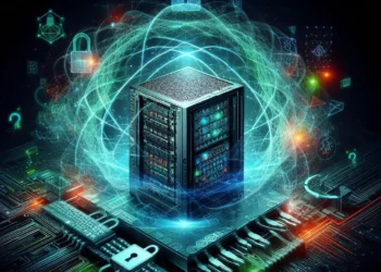 A visually striking image of a quantum computer surrounded by glowing, abstract representations of encrypted data being disrupted. Include elements that suggest a cybersecurity threat, like warning symbols or digital locks. Use a dark background with vibrant accents in green and blue to create a high-tech atmosphere."