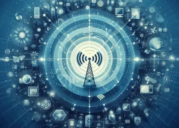 An imaginative and educational illustration showcasing the concept of radio waves. Depict abstract radio wave patterns radiating from a central source, such as a radio tower or antenna. Include elements representing related services, like icons for communication (phones, satellites, and Wi-Fi symbols). Use a gradient background that transitions from deep blue to light blue, evoking a sense of technology and clarity. Incorporate small visual details, such as scientific symbols or graphs, to enhance the educational aspect.